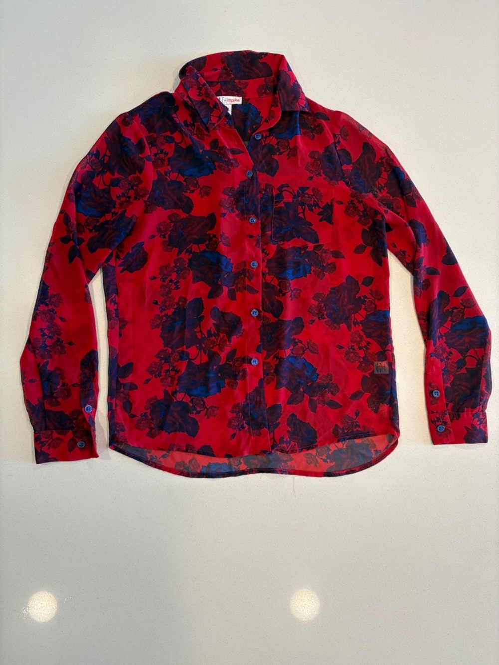 Red Floral Button-Front Blouse with Navy Accents - Women
